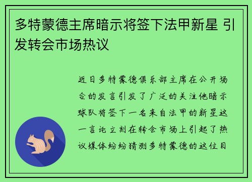 多特蒙德主席暗示将签下法甲新星 引发转会市场热议